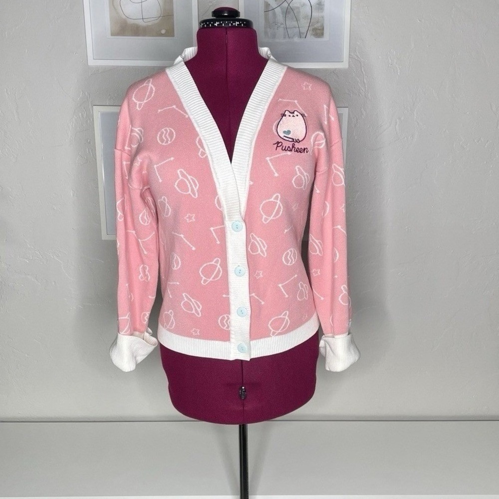 Pusheen Unique‎ Vintage Cardigan Women M/L Pink Space Celestial Planet Sweater